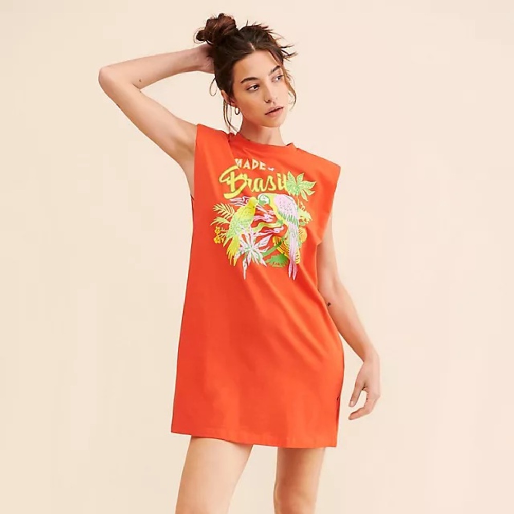 Farm Rio Brasil Red Sleeveless Graphic T-Shirt Mini Dress Tropical Resortwear